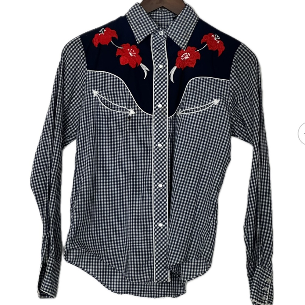 Vintage Gingham Western Shirt with Floral Embroidery